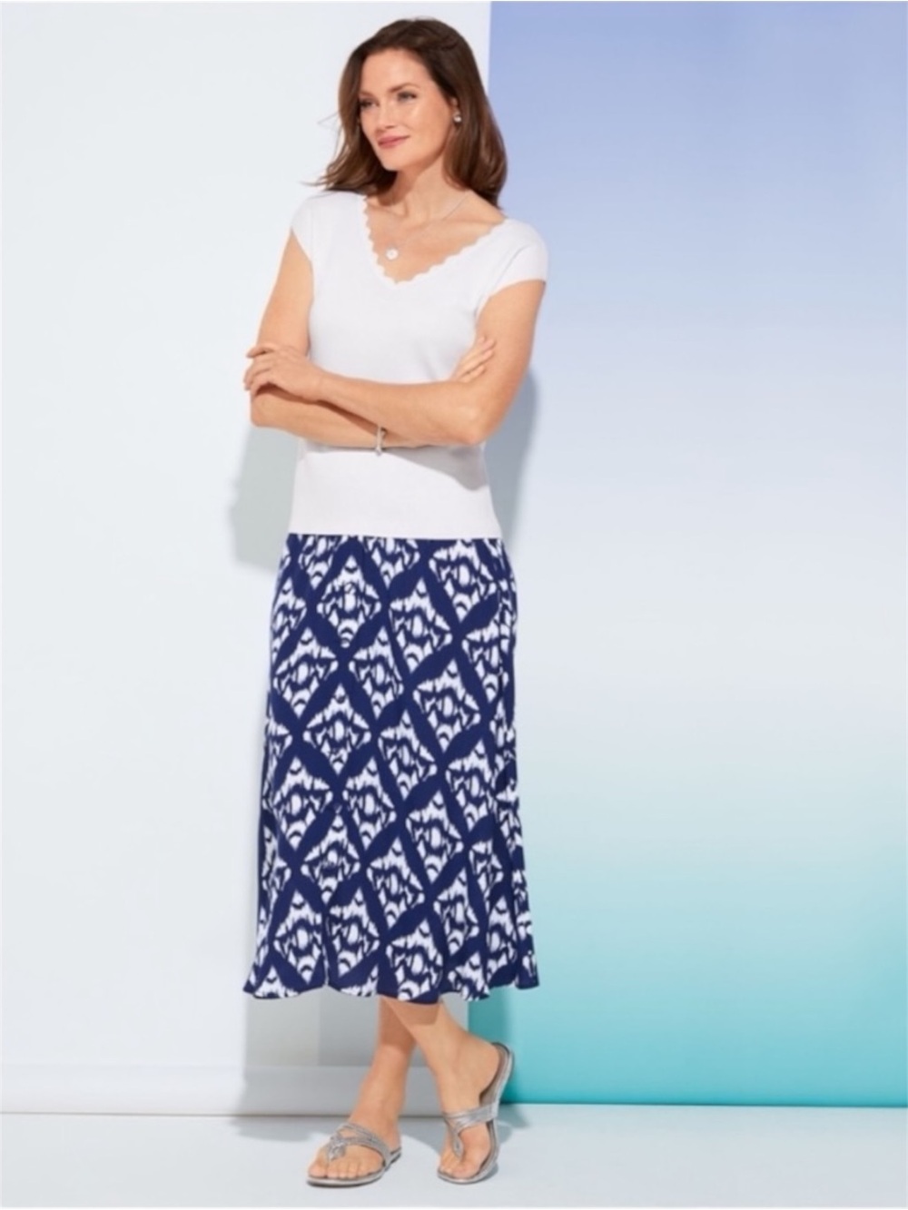 Talbots Ikat Midi Skirt Navy and White Size 14